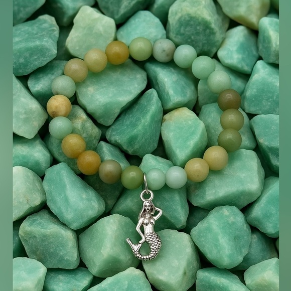 1915- Amazonite Beaded Stretch Bracelet with Silver Mermaid Charm-Calming Stone - Picture 2 of 6